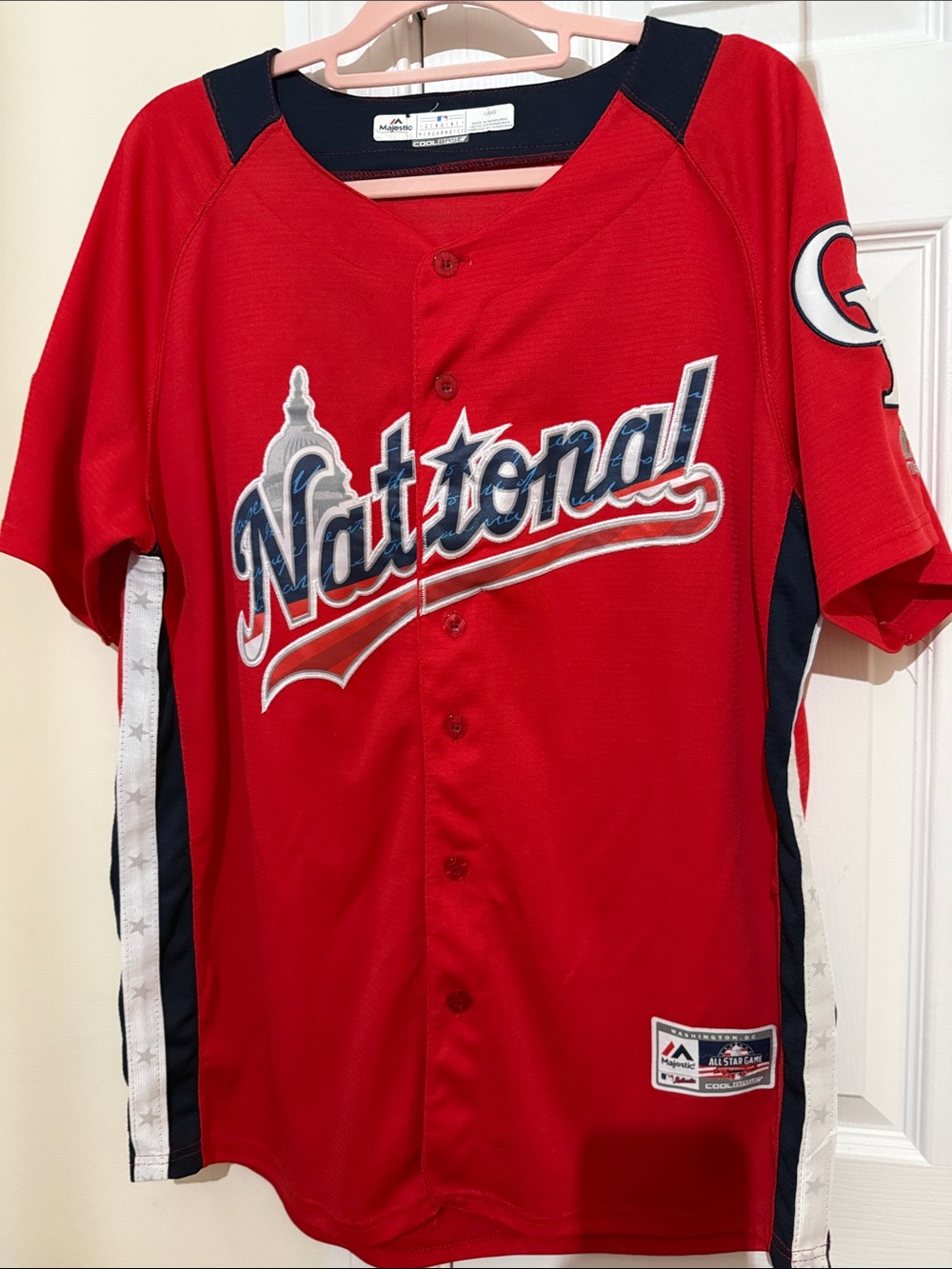 Majestic Red "National" Kids Baseball Jersey with Navy & White Accents